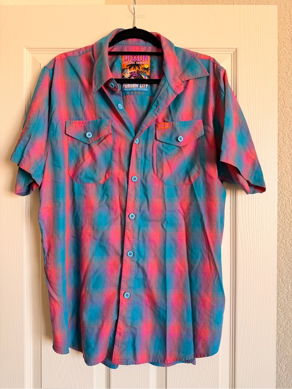 Dixon Flannel Company Short-Sleeve Plaid Shirt Teal & Coral/Pink Men’s L Bamboo